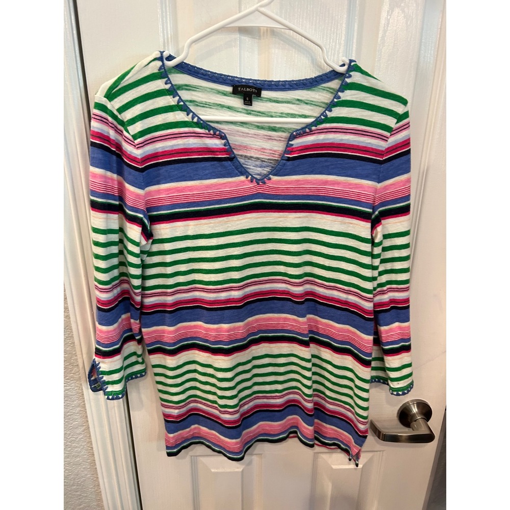 Talbots Top Multi-Color Striped Cotton Linen Crochet Trim 3/4 Sleeve Knit‎ Shirt
